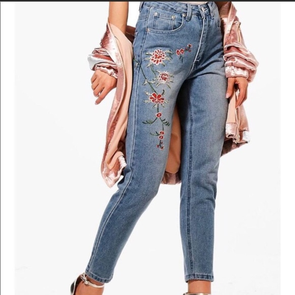 Floral denim jeans